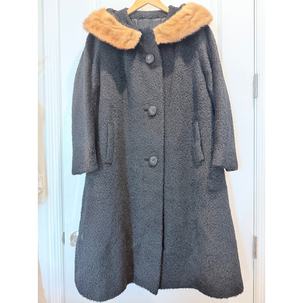 Vintage Bettijean Furred Fashion Black Boucle Coat Fur Collar Union Made XL